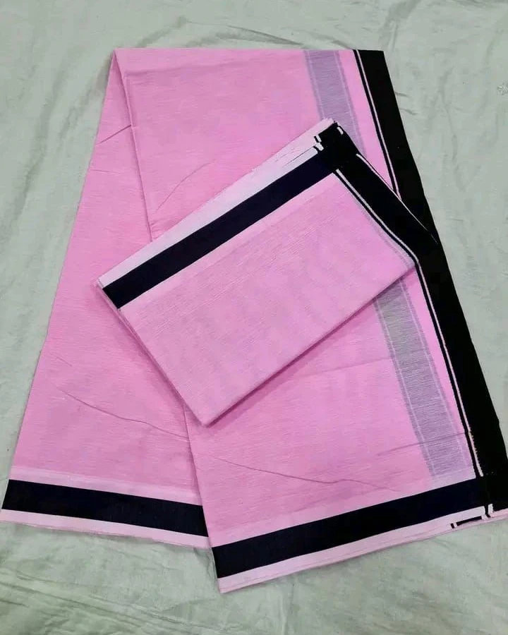 Pink Cotton Unstitched Dhuti & Utori Set with Black Border