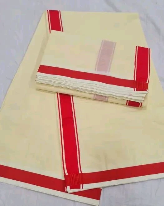Cream Cotton Unstitched Dhuti & Utori Set with Red Border