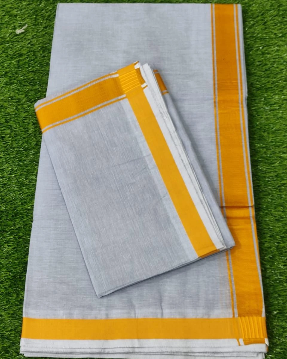 Grey Cotton Unstitched Dhuti & Utori Set with Mustard Yellow Border-1