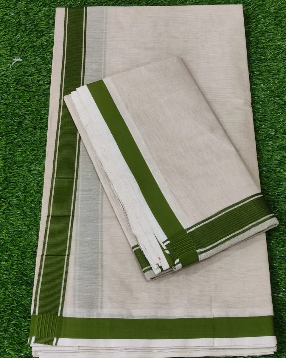 Beige Cotton Unstitched Dhuti & Utori Set with Olive Green Border
