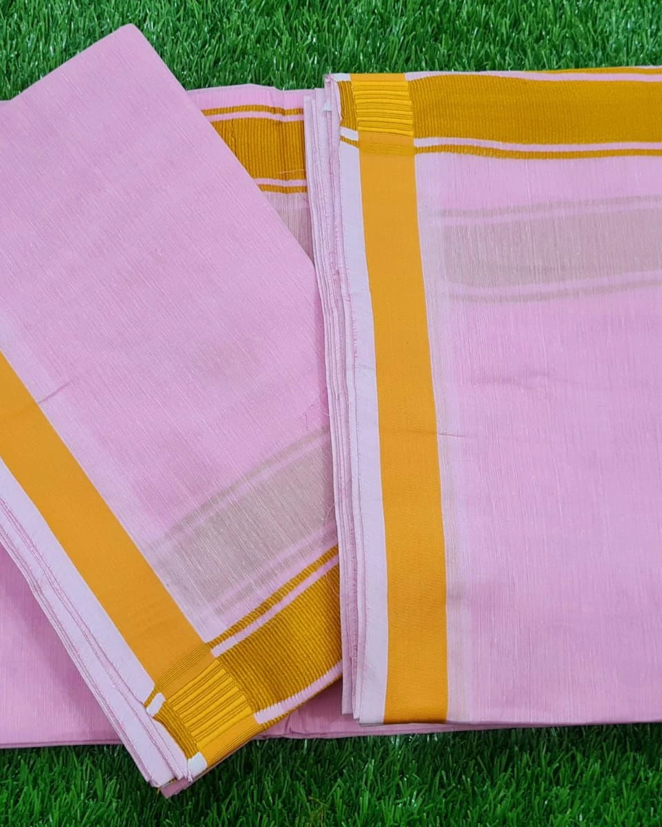 Pink Cotton Unstitched Dhuti & Utori Set with Mustard Yellow Border-1