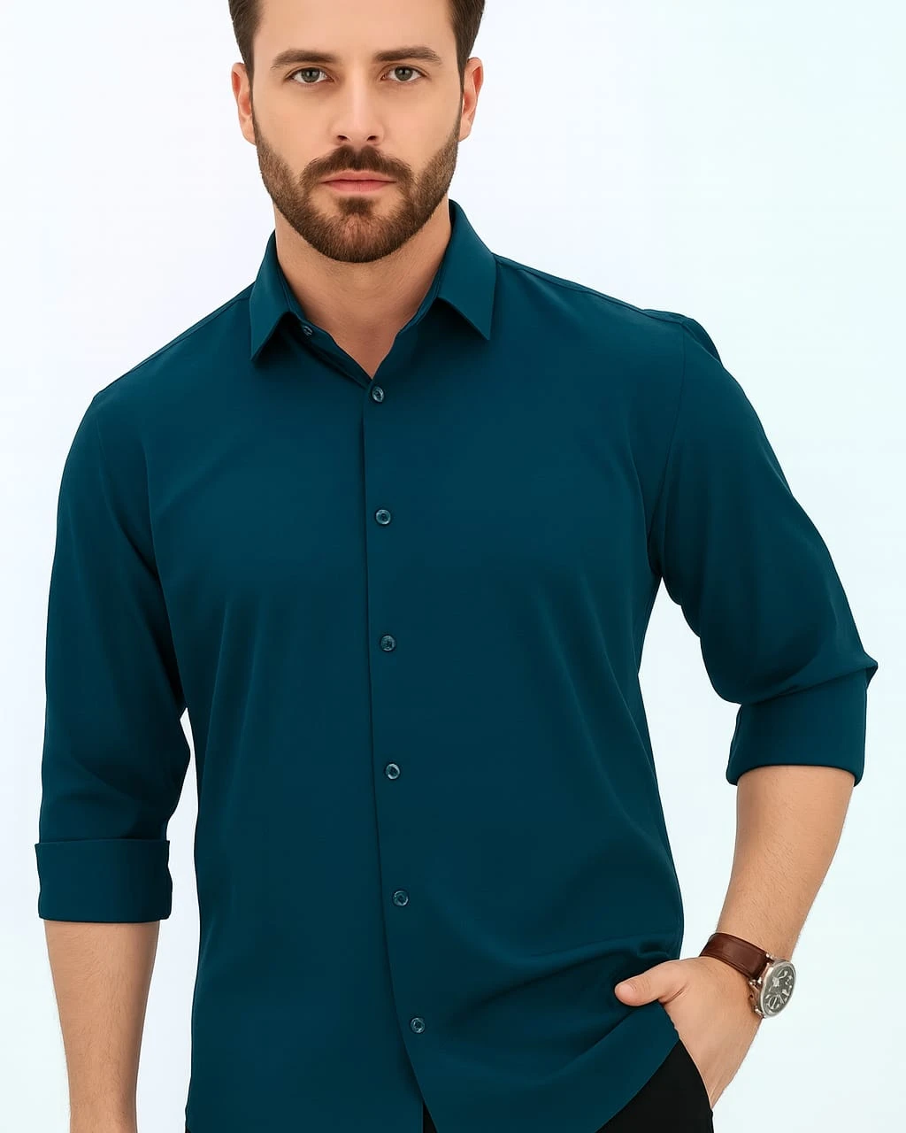 Dark Teal Green Premium Micro Stretch Spandex Long Sleeve Shirt-1