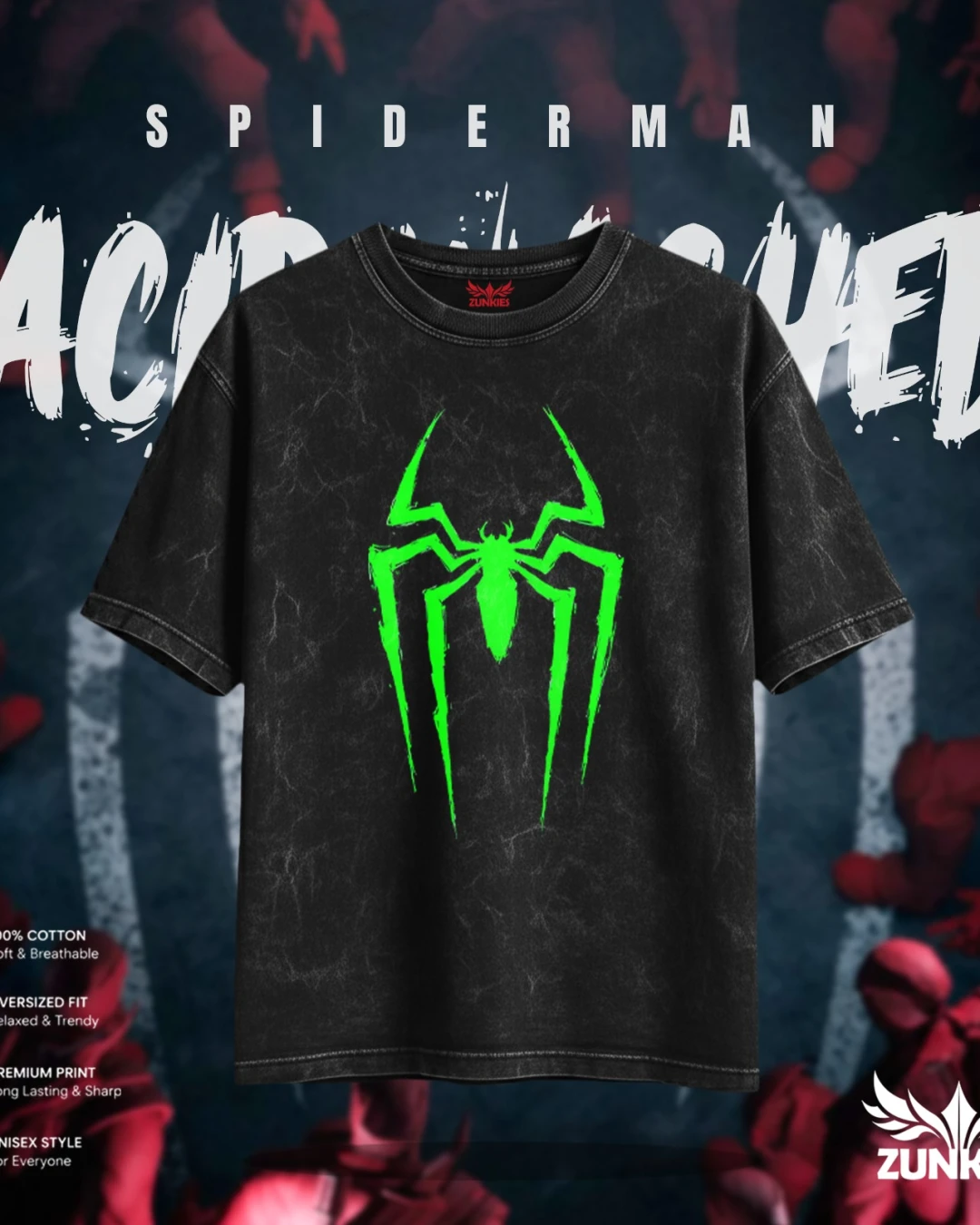 Spider-Man Neon Green Emblem Acid Wash Oversized Tee