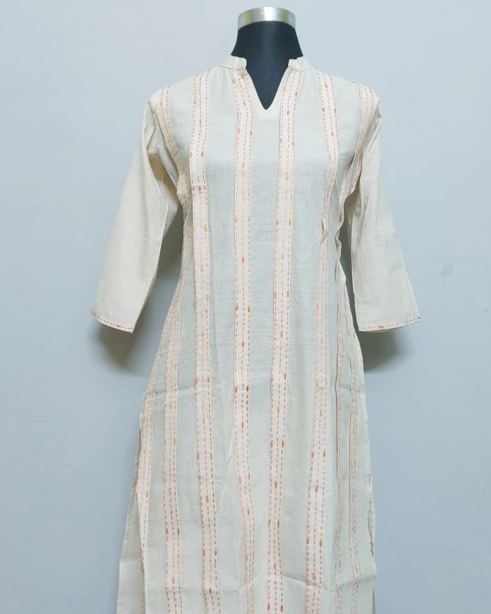 Off-White Kantha Stitch Striped Khadi Cotton Kurti