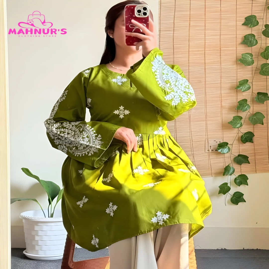 Olive Green Embroidered Pleated Frock Set