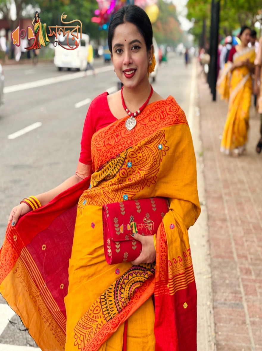 Basanti Yellow and Red Handloom Sari with Traditional Print and Mirror Work
