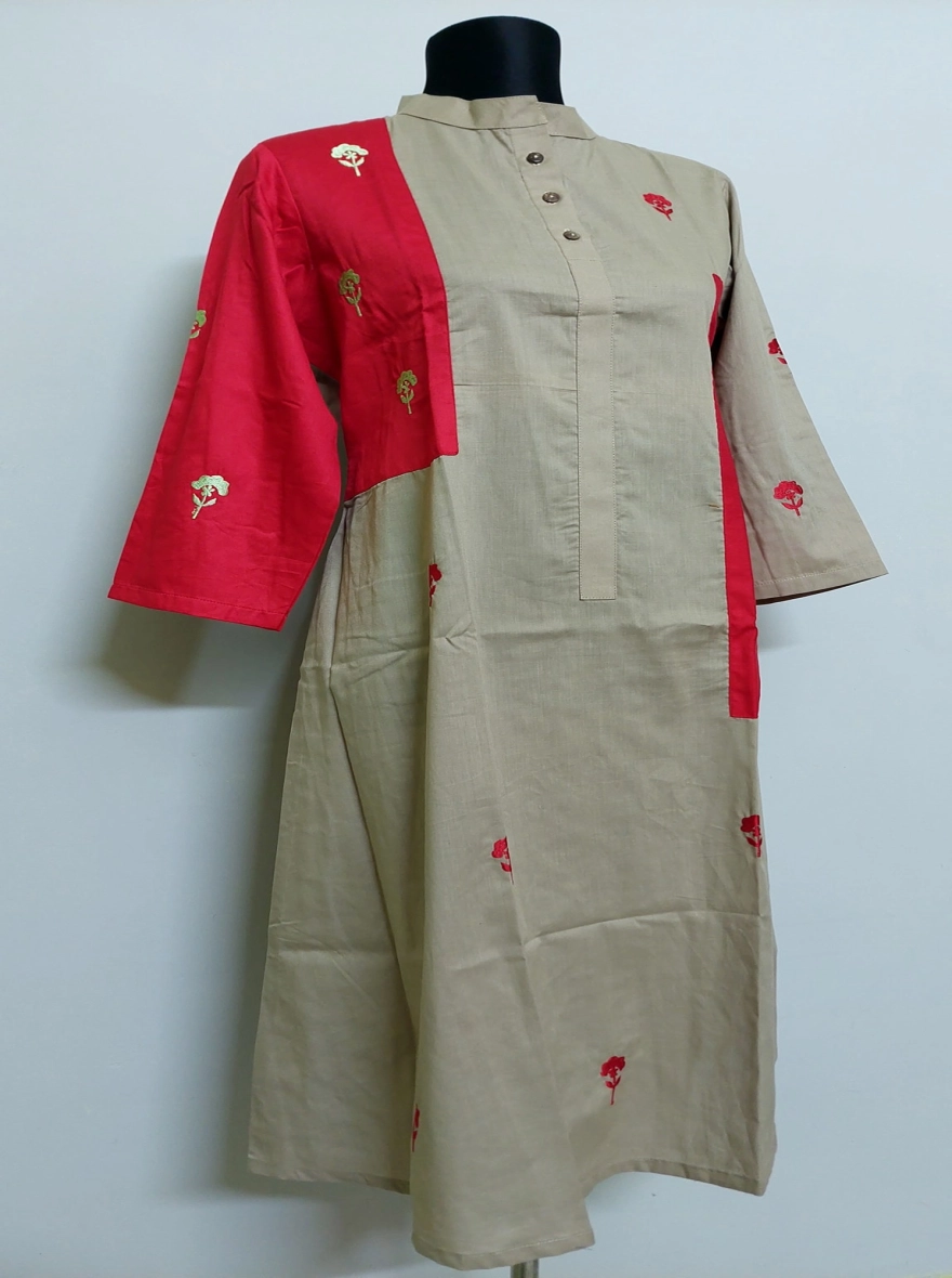 Khaki & Scarlet Color-Block Embroidered Kurti