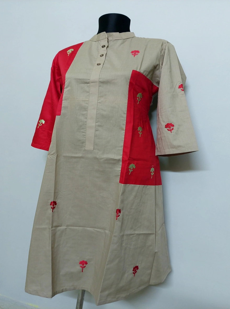 Khaki & Scarlet Color-Block Embroidered Kurti