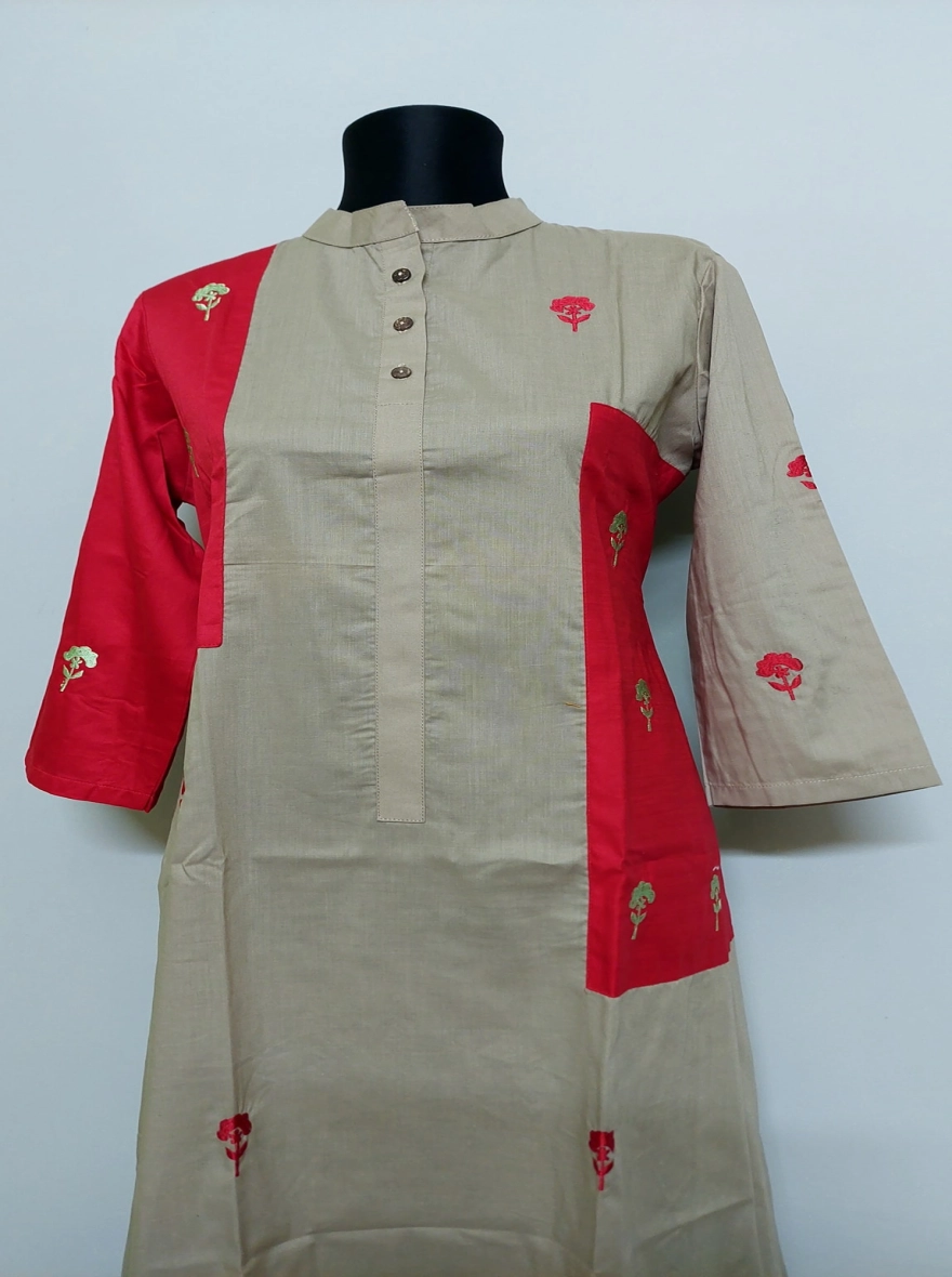 Khaki & Scarlet Color-Block Embroidered Kurti