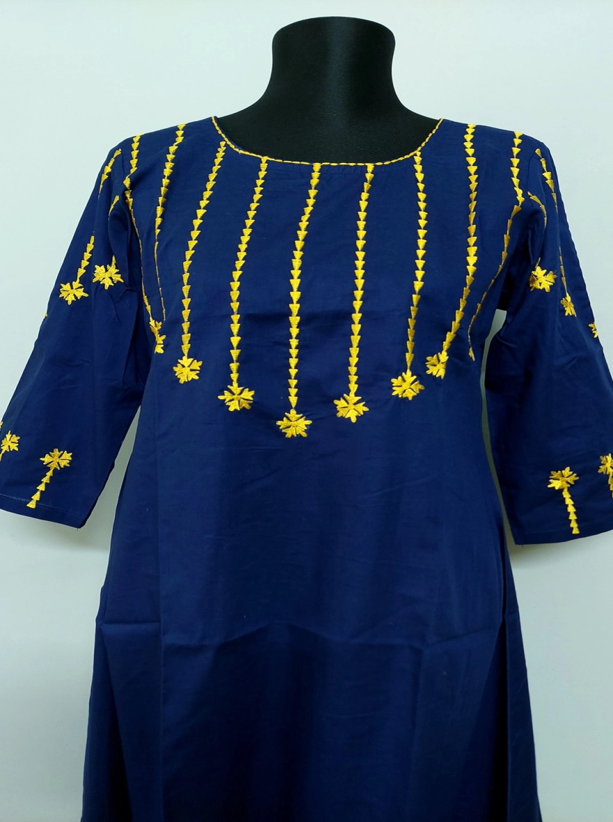 Navy Blue Kurti with Sunshine Yellow Embroidery