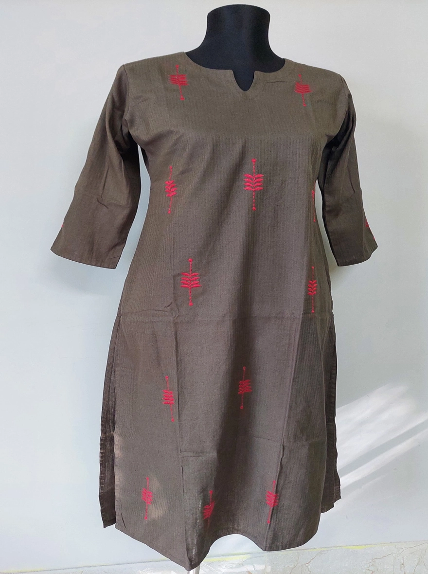 Textured Cocoa Kurti with Pink Vertical Embroidery