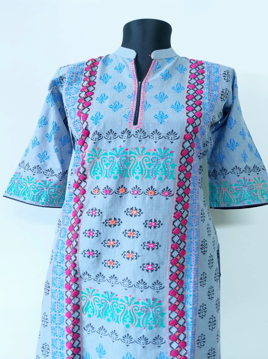 Emerald & Teal Floral Printed Cotton Kurti