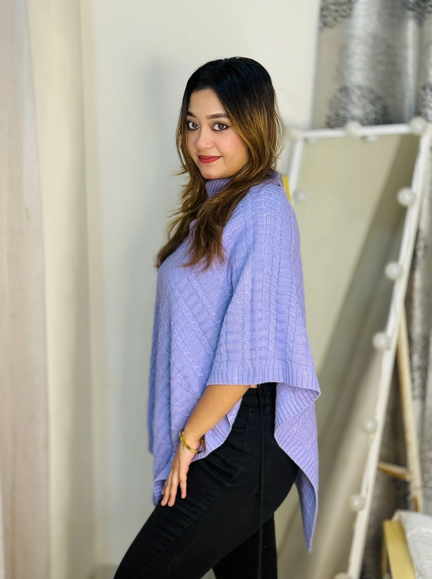 Cable Knit High-Neck Winter Poncho Sweater in Lilac