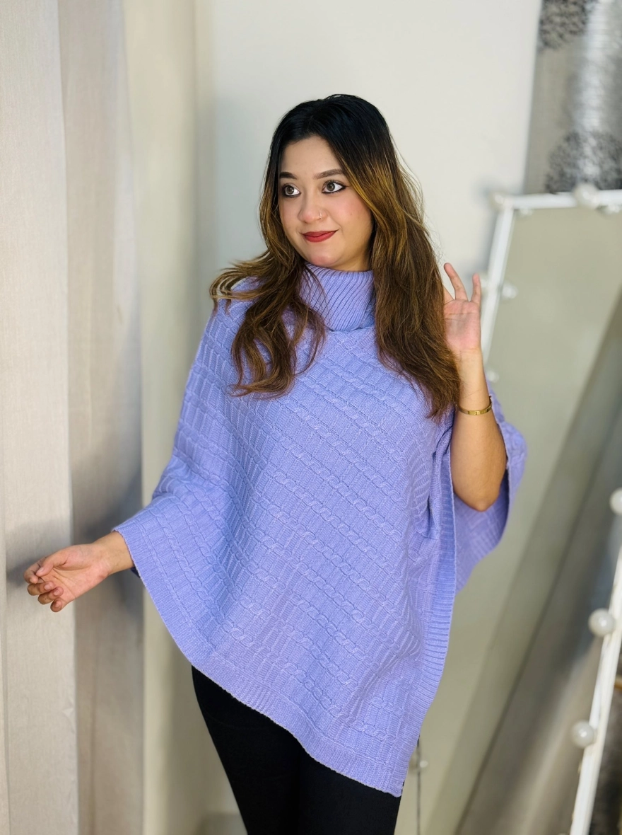Cable Knit High-Neck Winter Poncho Sweater in Lilac