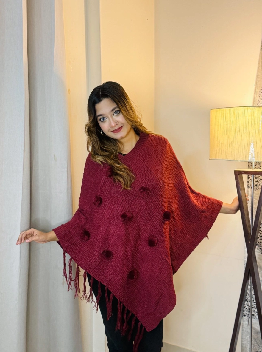 Emerald Pom-Pom Fringe Knit Poncho