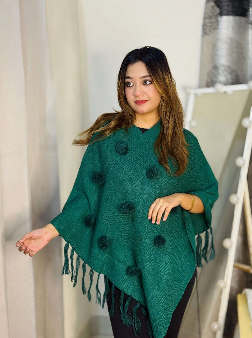 Emerald Pom-Pom Fringe Knit Poncho