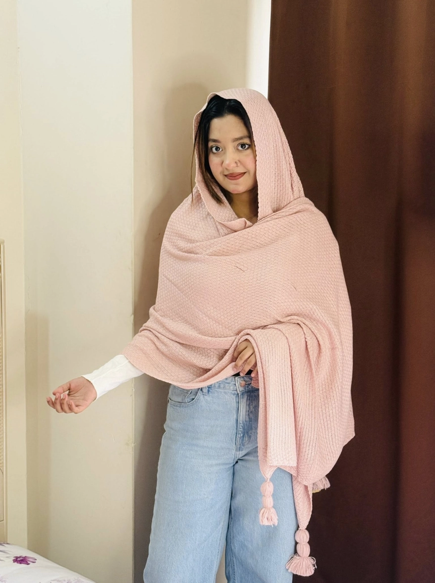 Soft Knit Winter Shawl with Pom-Pom Tassels - Blush Pink