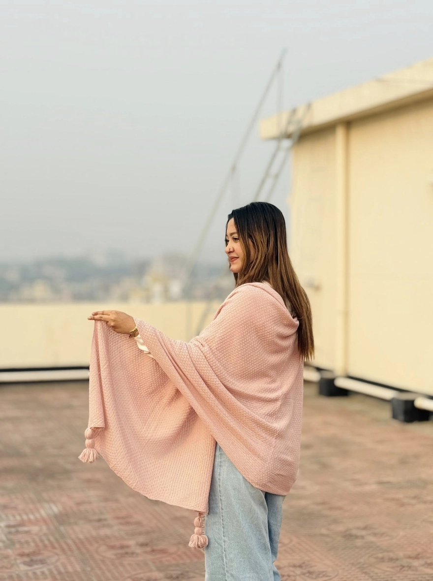 Soft Knit Winter Shawl with Pom-Pom Tassels - Blush Pink