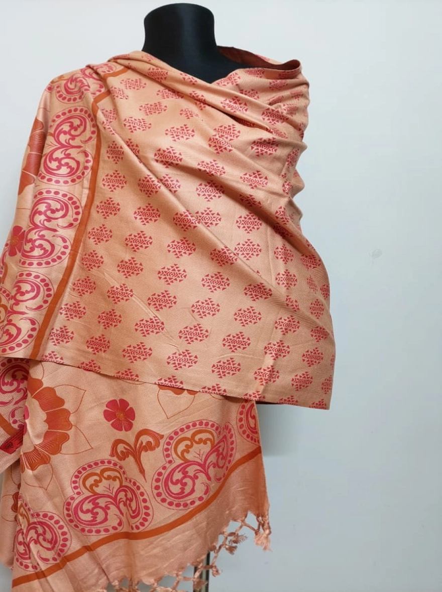 Handloom Blend Shawl with Coral Floral Motif Print