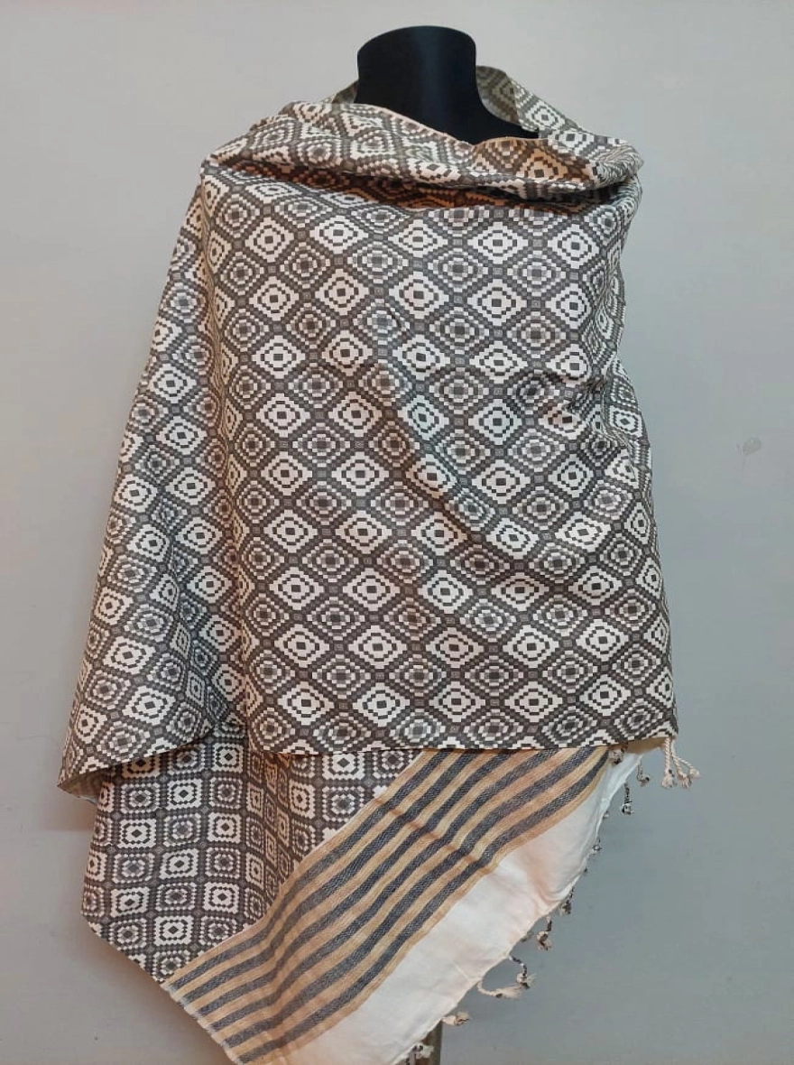Hand-Woven Diamond Geometric Shawl with Striped Border - Mocha