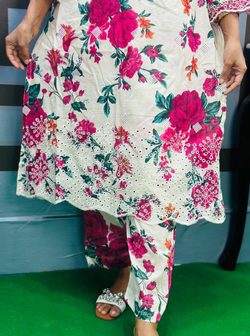 White & Fuchsia Floral Three-Piece Suit