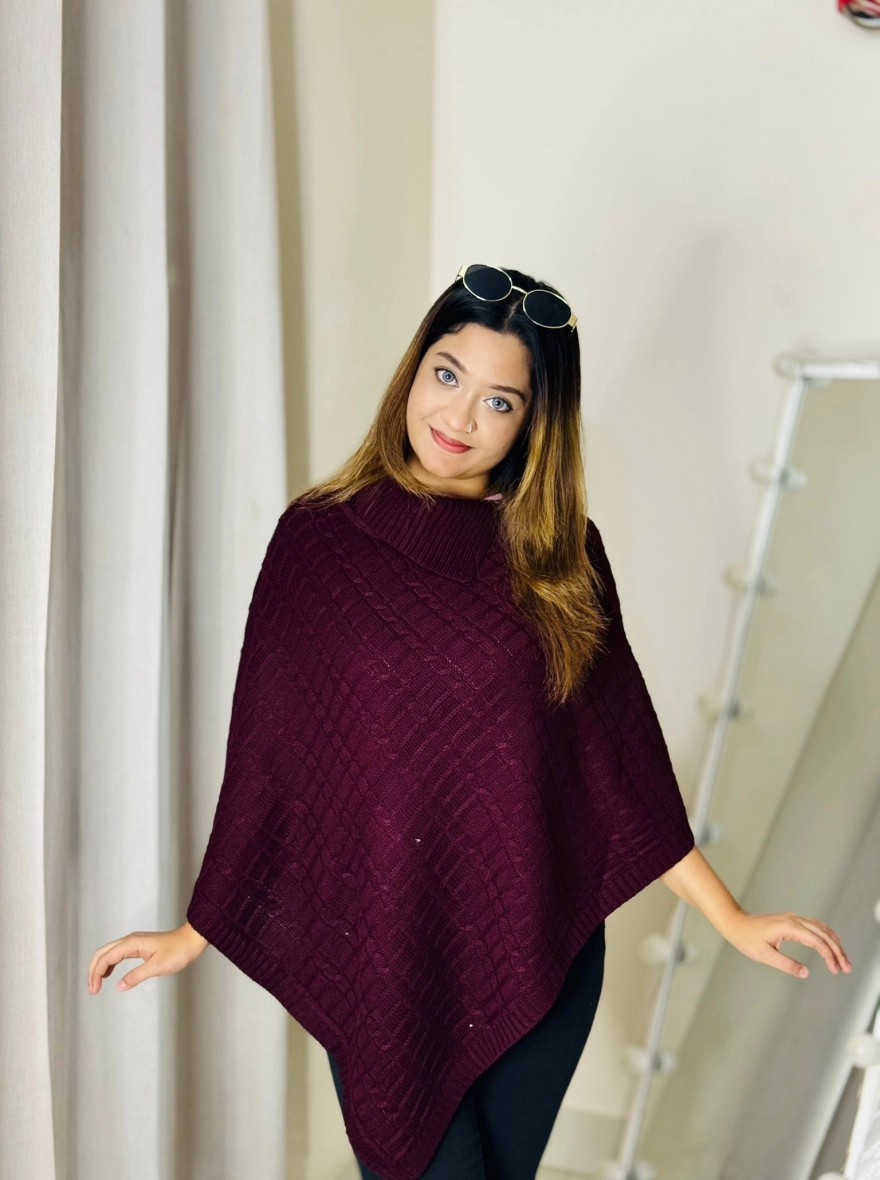 Deep Maroon Cable Knit Turtleneck Poncho