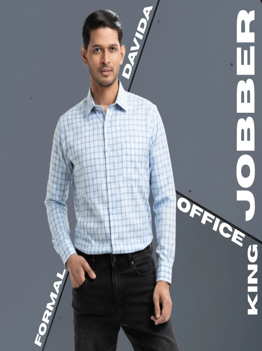 Sky Blue Mini-Check Office Formal Shirt
