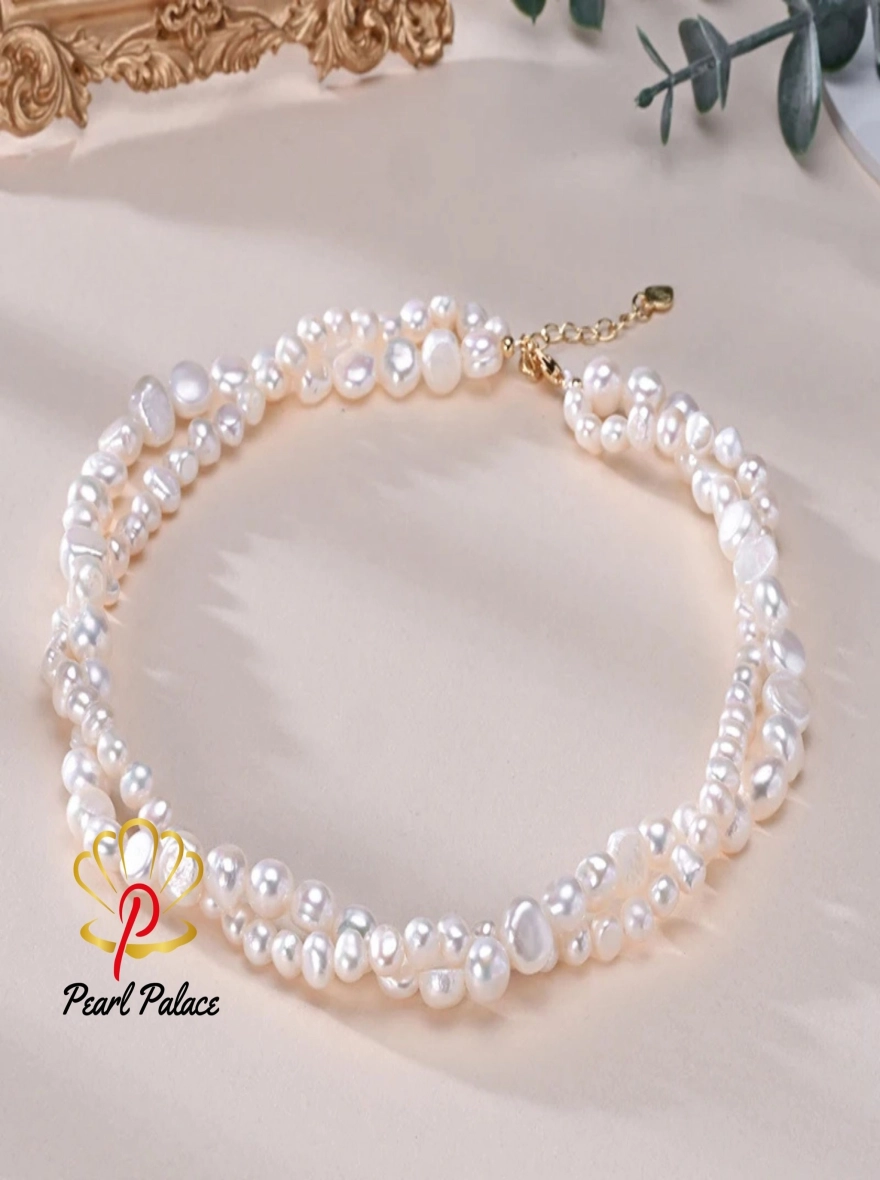 Baroque Freshwater 5-6mm 8-9mm White Pearl Double Necklace 925 Sterling Silver Trendy Jewelry Gift for Women