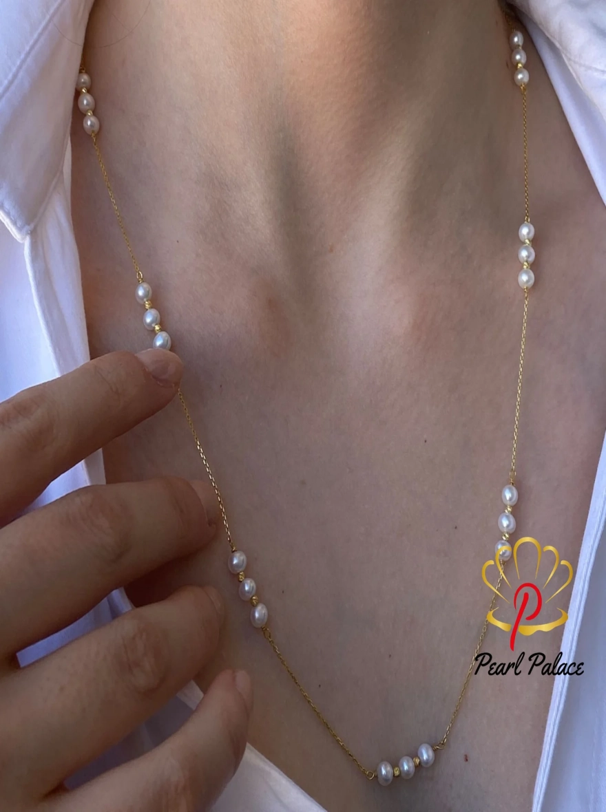 14K Gold Handmade Pearl Chain Link Necklace for Women