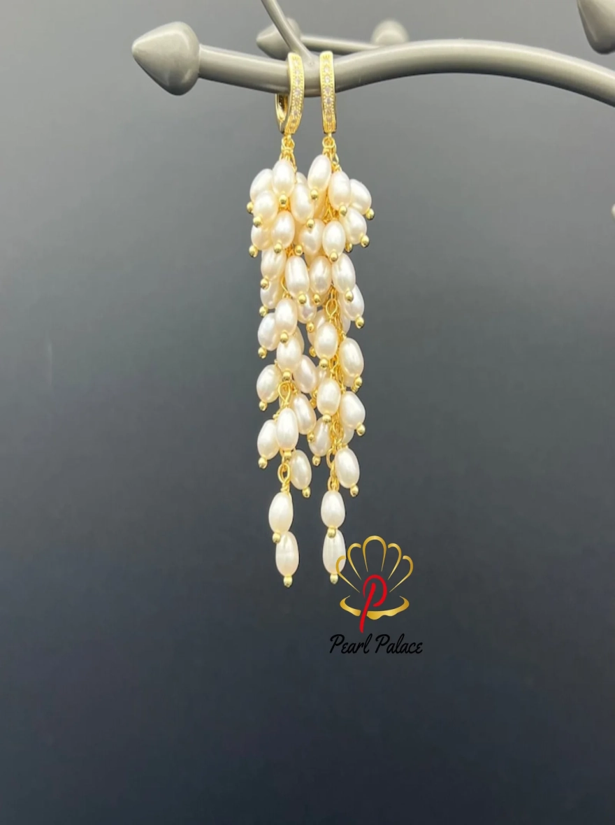 Gold-Plated Cluster Earrings with Natural White Freshwater Pearls