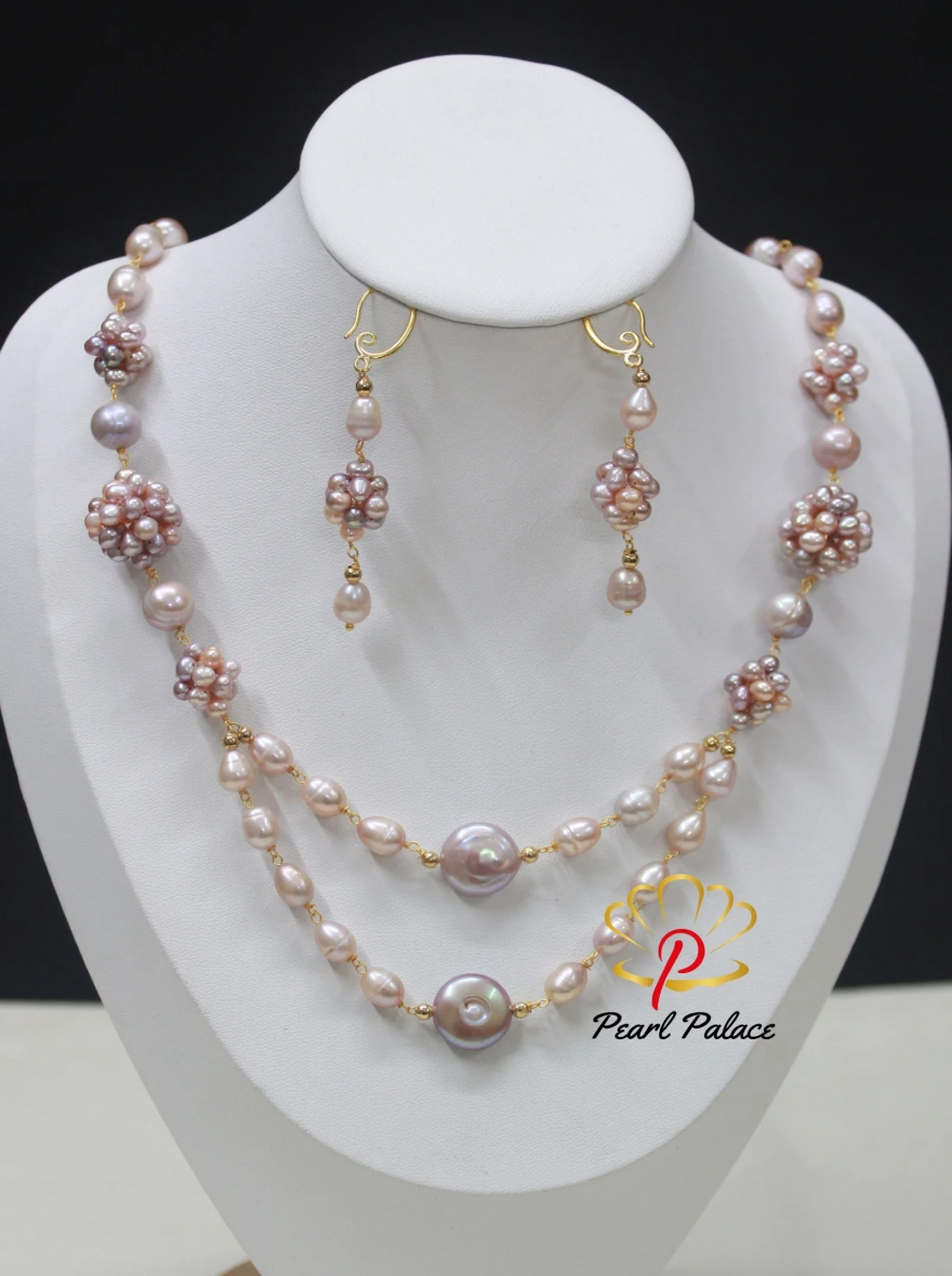 Rice Pearl, coin pearl necklace set with earrings.