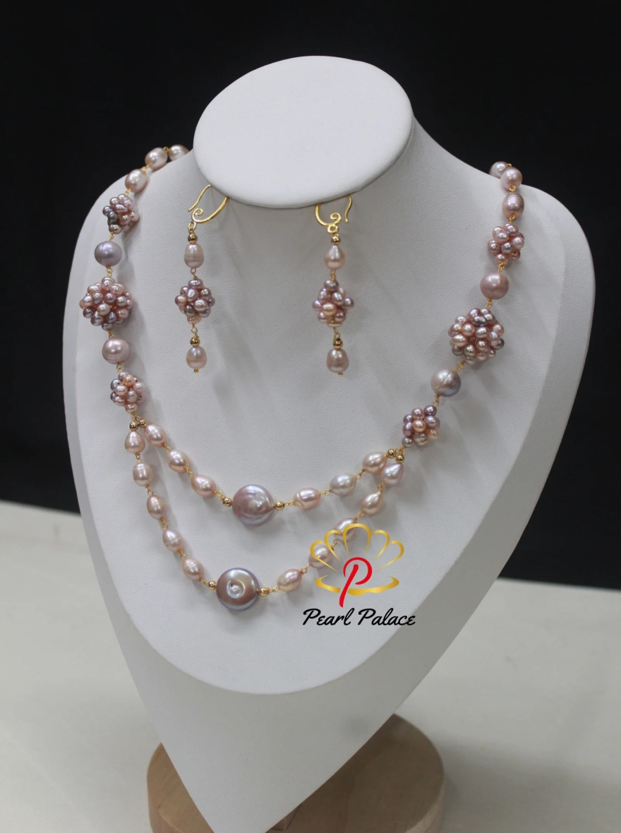 Rice Pearl, coin pearl necklace set with earrings.