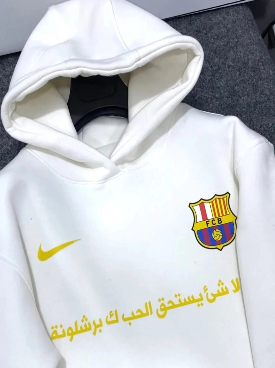 Barcelona Arabic Pullover White Hoodie with Barca X Heart