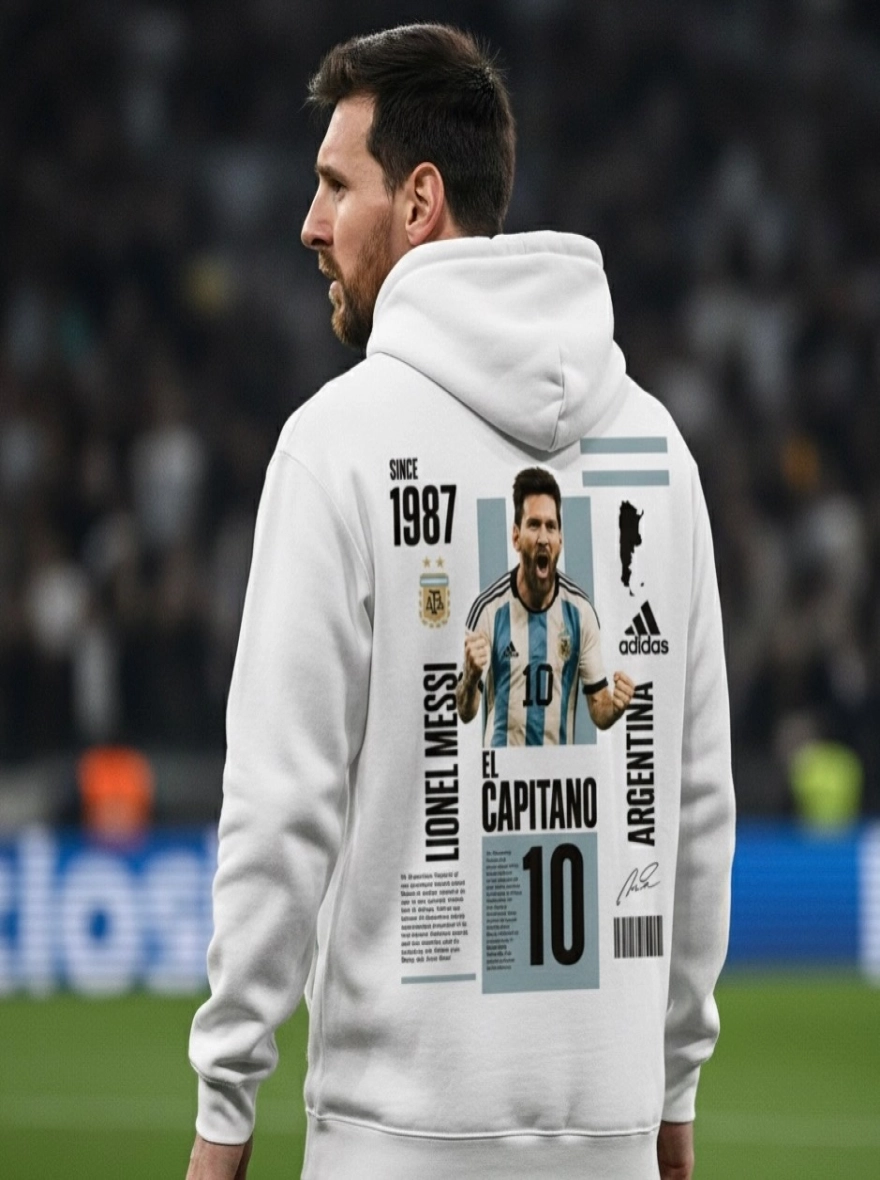 Messi Icon Pullover White Hoodie with Black & Blue Logo
