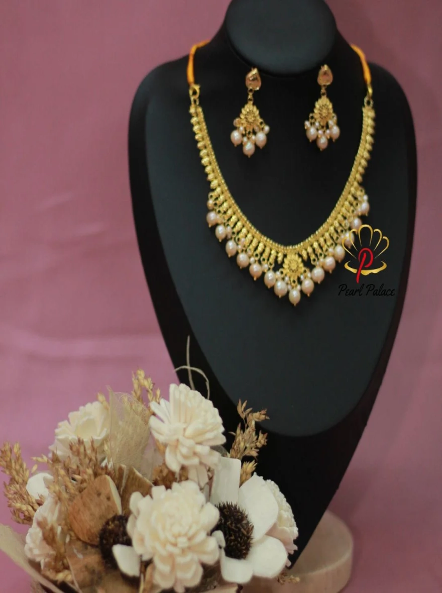 18K Gold Plated with Pink Pearl Bridal Necklace Set
