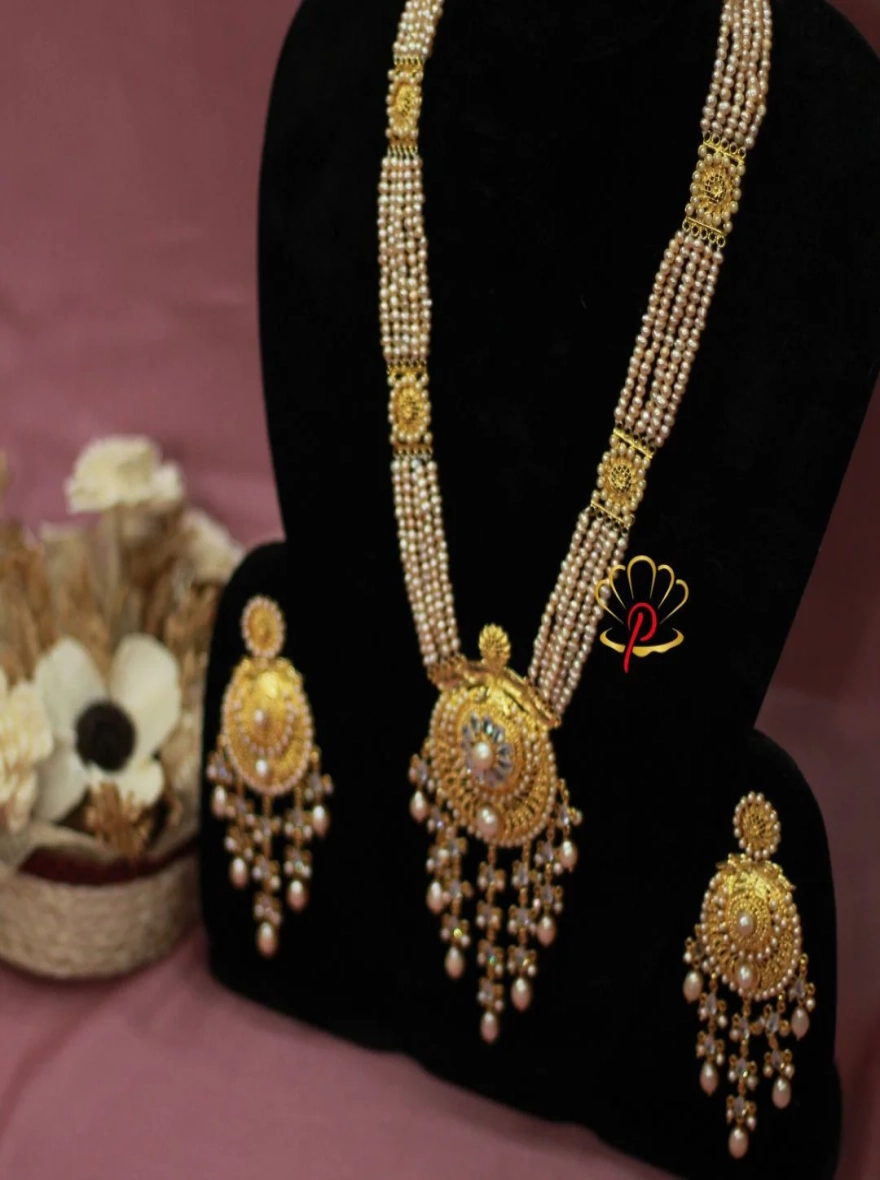 18K Gold Plated with Pink Pearl Bridal Sita Har Necklace Set