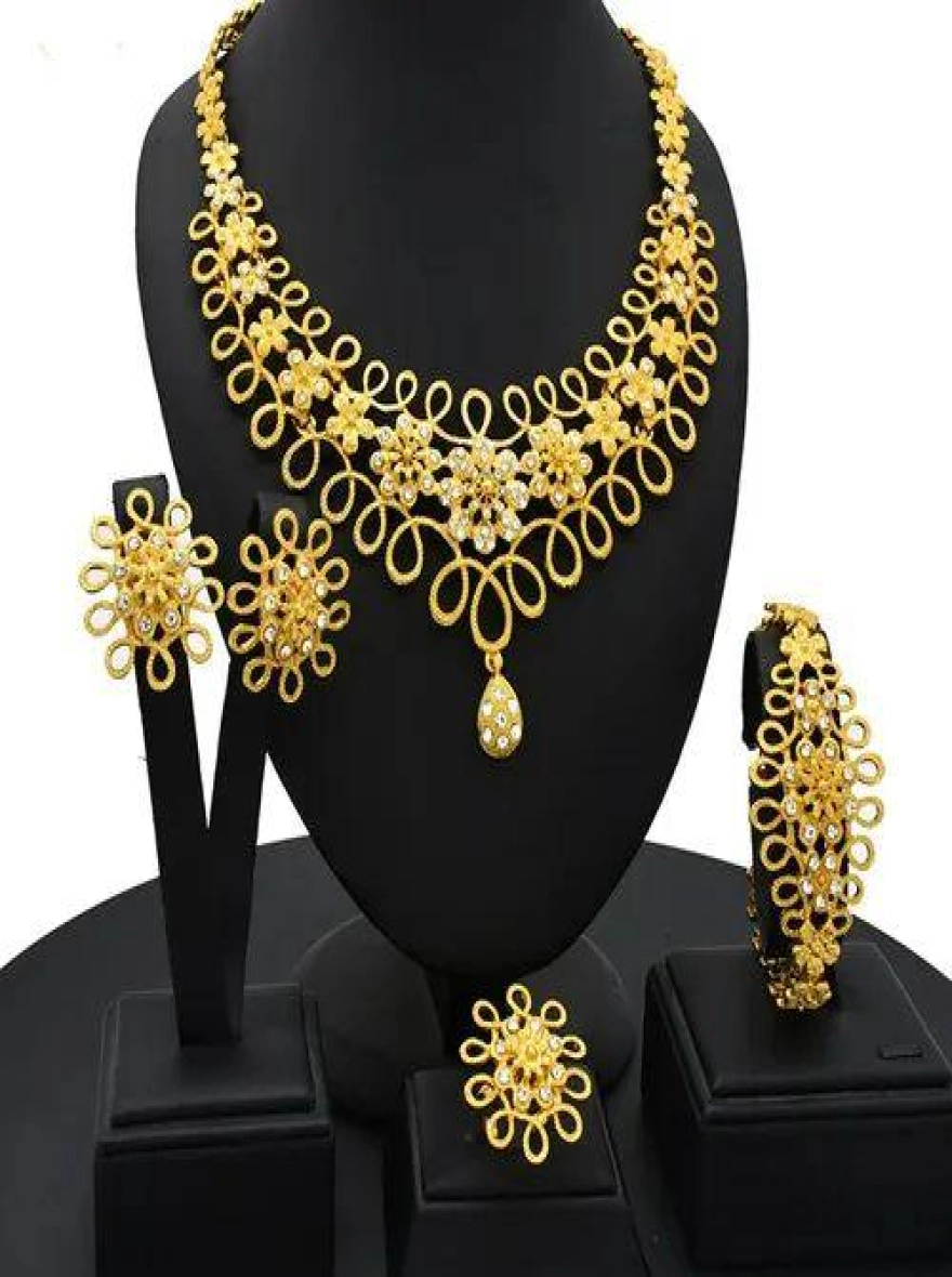 Luxury Retro Crystal Jewelry 4-Piece Set for Women - Gold Tone
