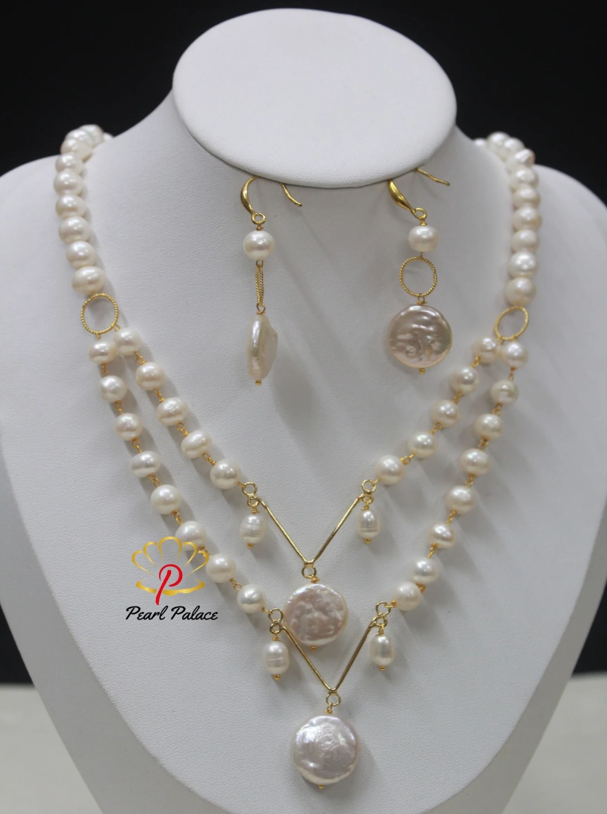 V design necklace round & coin pearl necklace