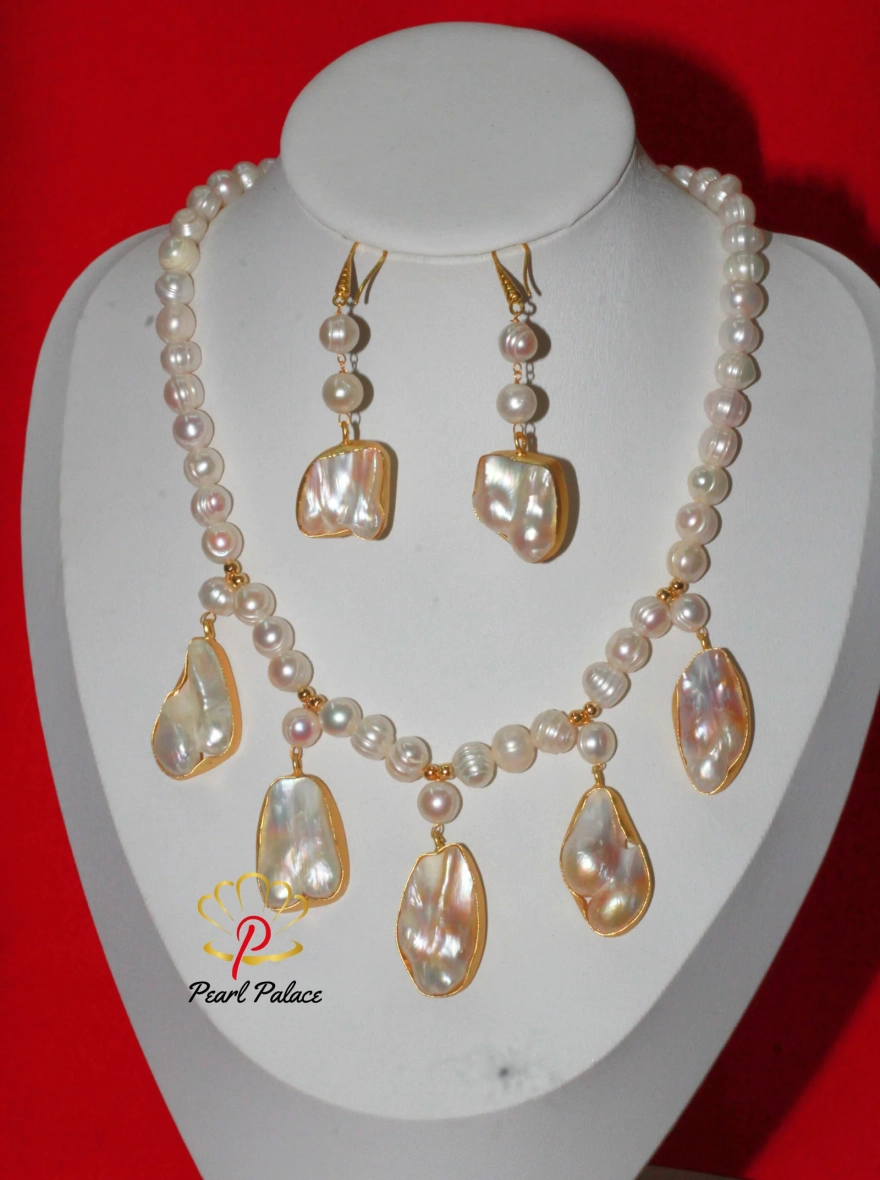 Baroque Mother of Pearl Necklace and Earring Set.