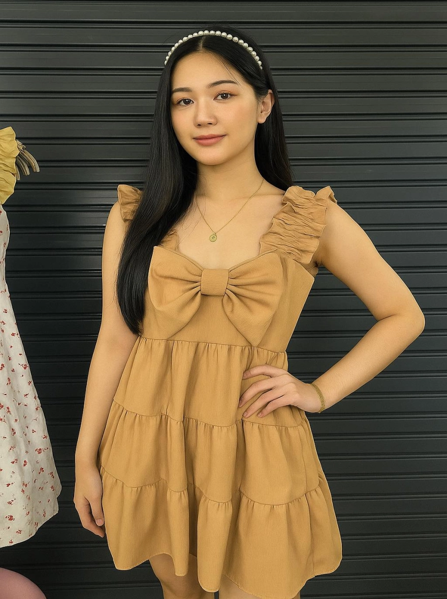 Premium Thai Blender Georgette Tiered Mini Dress - Khaki