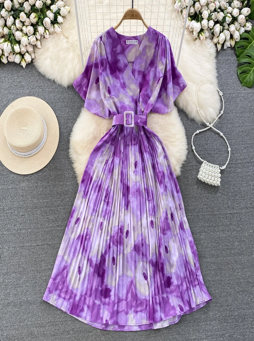 Imported Plain Purple Dress with V-neck & Short Pleated Sleeve - China