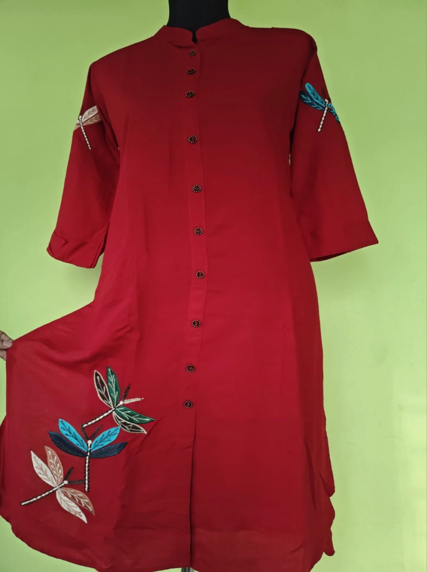 Crimson Dragonfly Embroidered Cotton Kurti