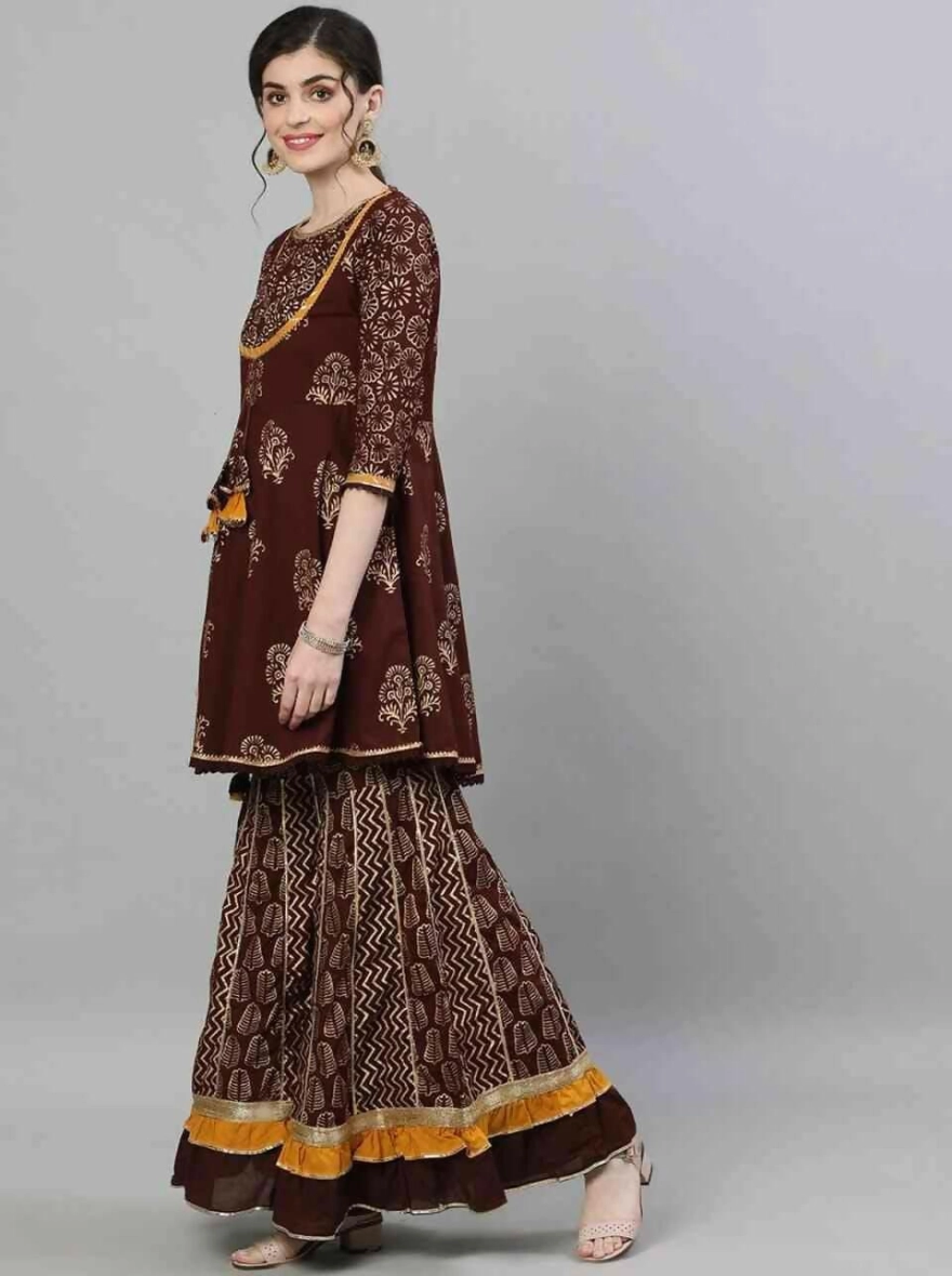 Readymade Full AC Cotton Casual Brown Printed Kurti