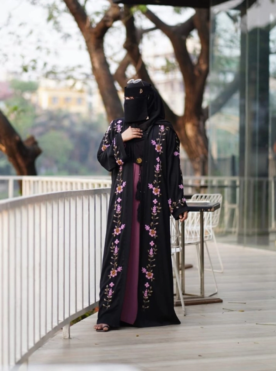 Elegant Peach Vine Floral Open Abaya