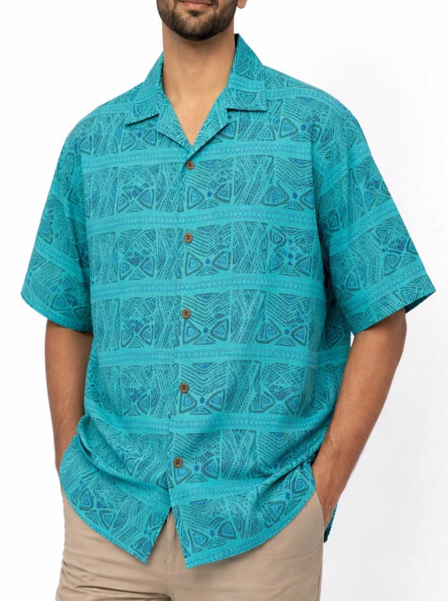 Men’s Teal Open Collar Geometric Taat Half Shirt