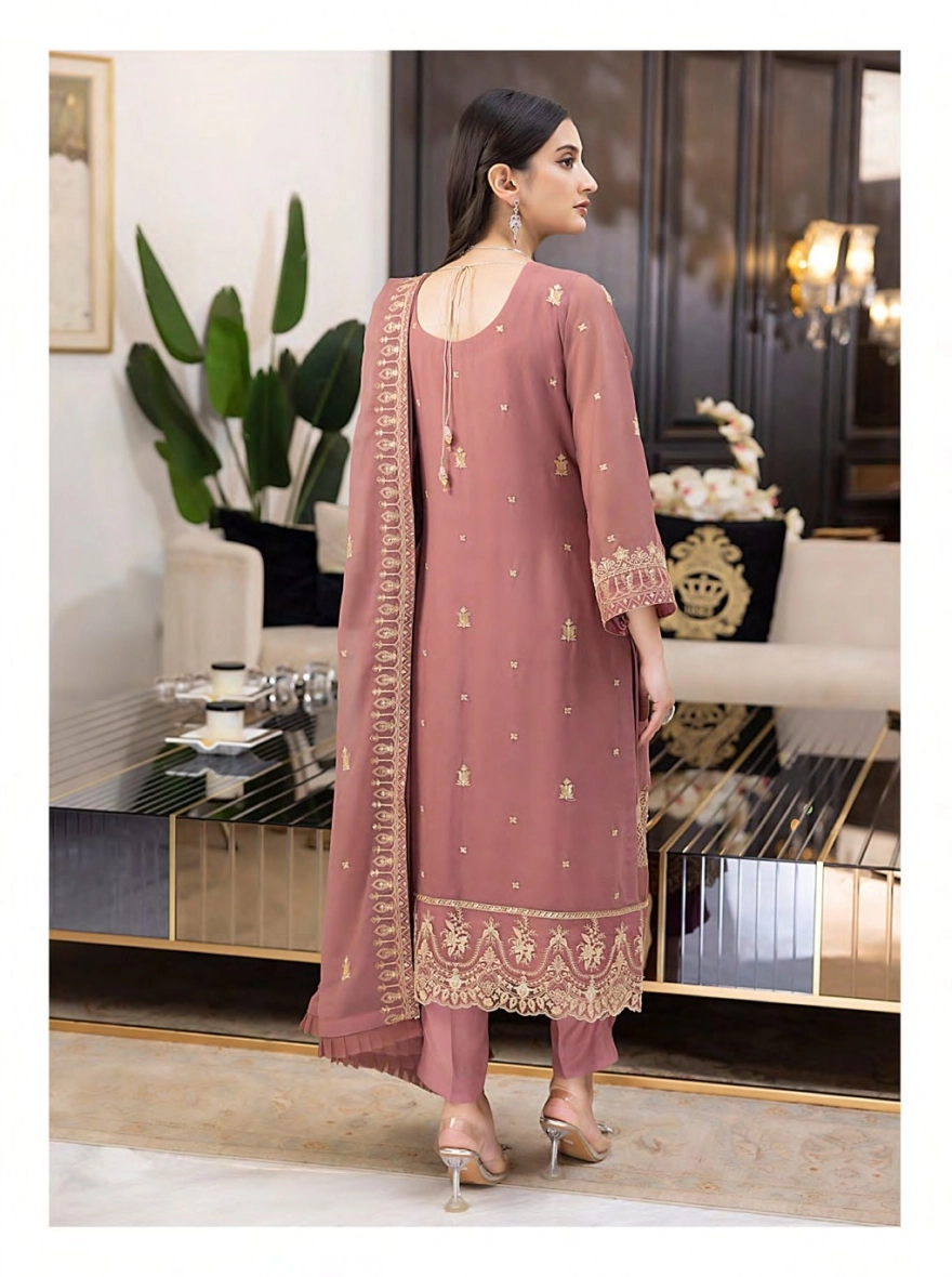 Elegant Mauve Embroidered Georgette Formal Suit-Unstitched
