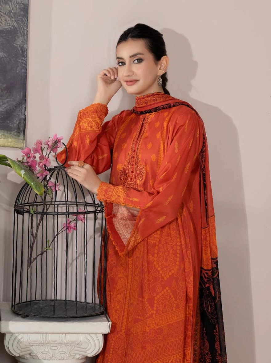 Binaas Varda Digital Printed Unstitched Lawn Three Piece Suit - Sunset Orange