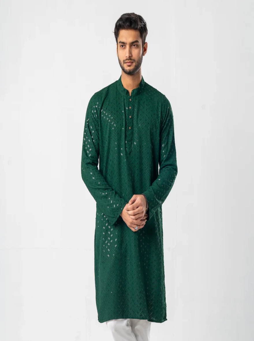 Feisal Embroidered Panjabi in Emerald Green