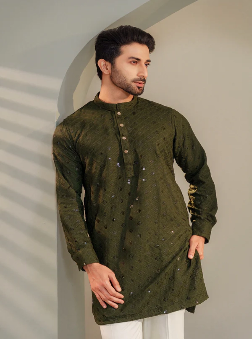 Ayaaz Embroidered Panjabi – Olive Green
