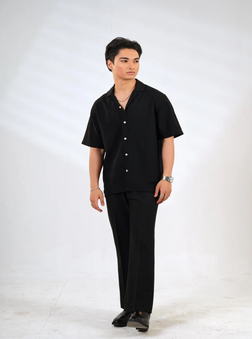 Obsidian Black Textured Cuban Shirt